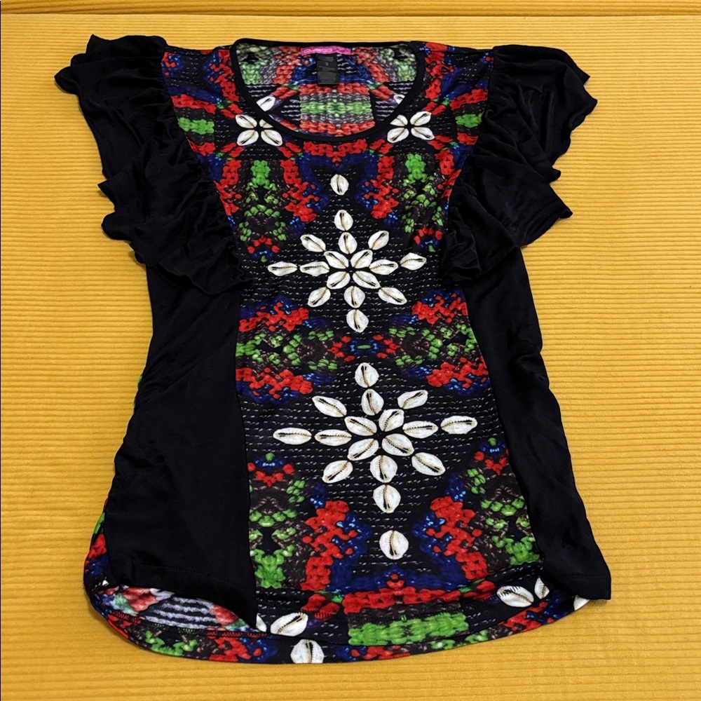 Custo Barcelona Line blouse top (3) shell abstract print ruffle sleeve Y2K boho - Picture 6 of 9